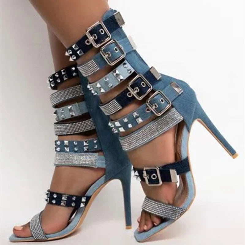 Denim X Stud Heels - Dupe Department