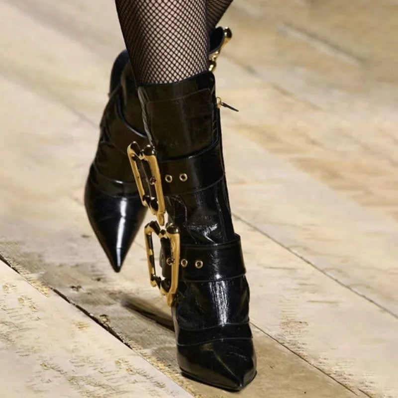 Gold Buckle Heel Boots - Dupe Department