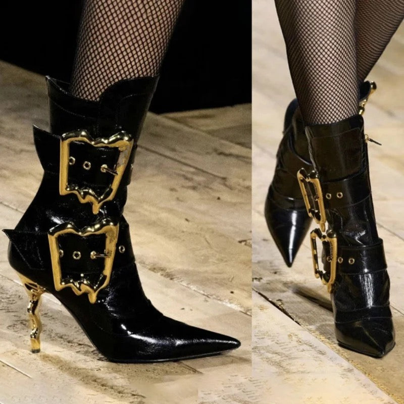 Gold Buckle Heel Boots - Dupe Department