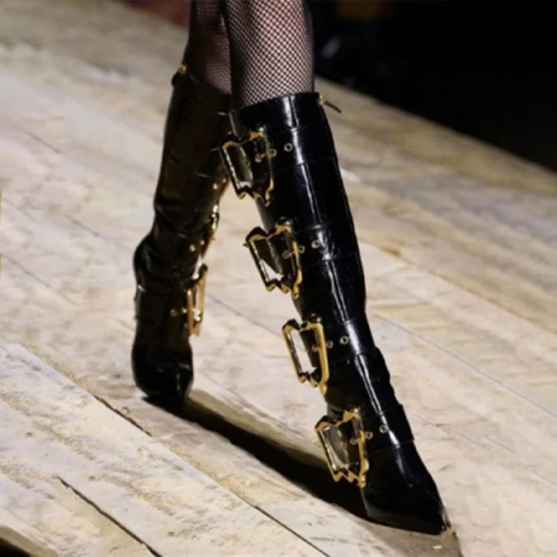 Gold Buckle Heel Boots - Dupe Department