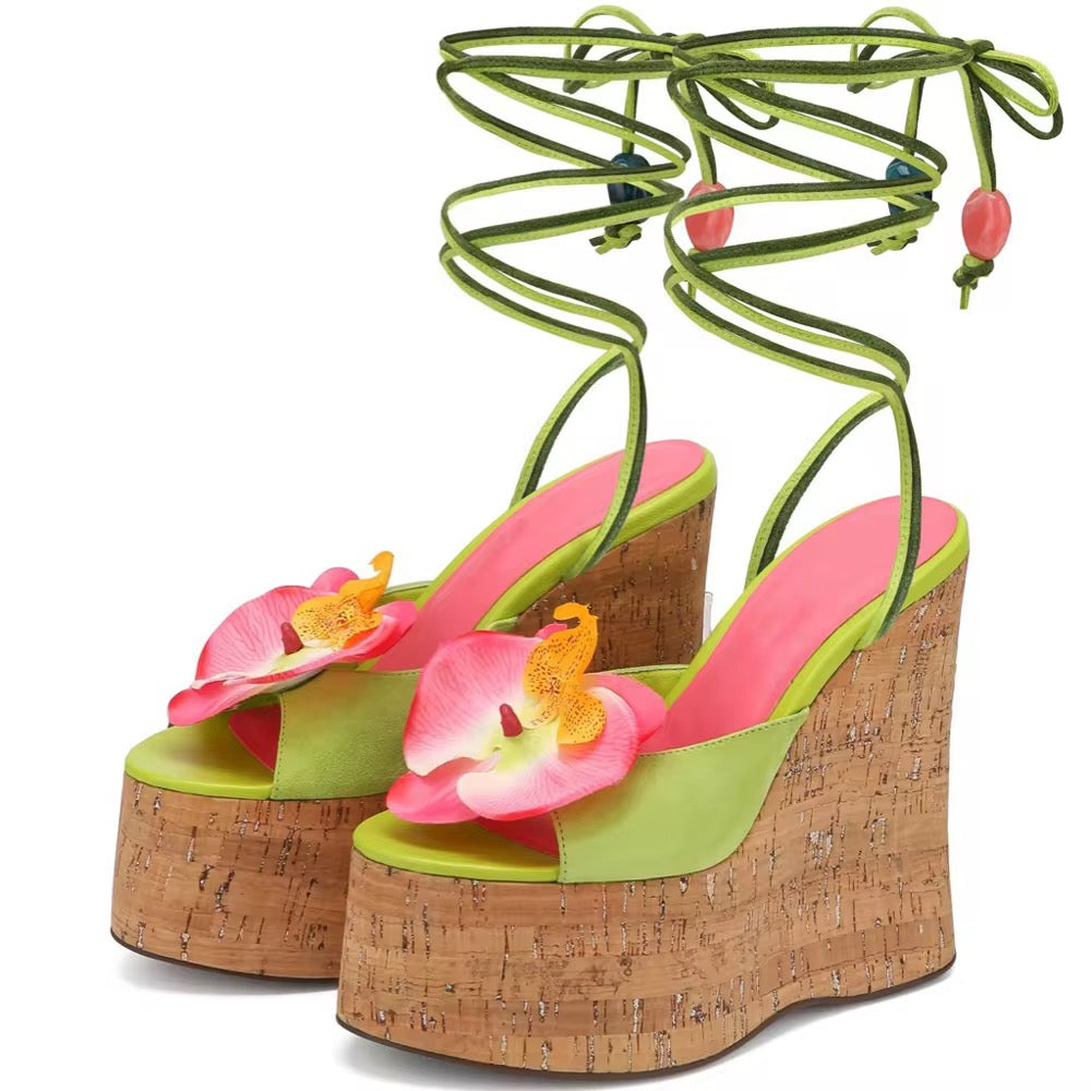 Tropical Orchid Platform Wedged Heels