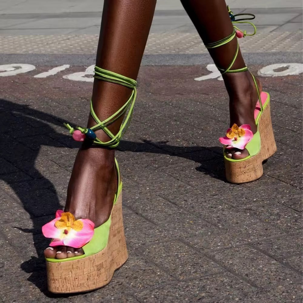 Tropical Orchid Platform Wedged Heels