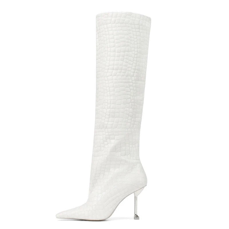 Noir & Blanc Croc Stiletto Knee Boots