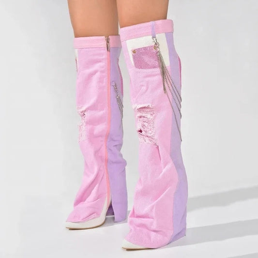 Denim Patchwork Heel Boots - Dupe Department 