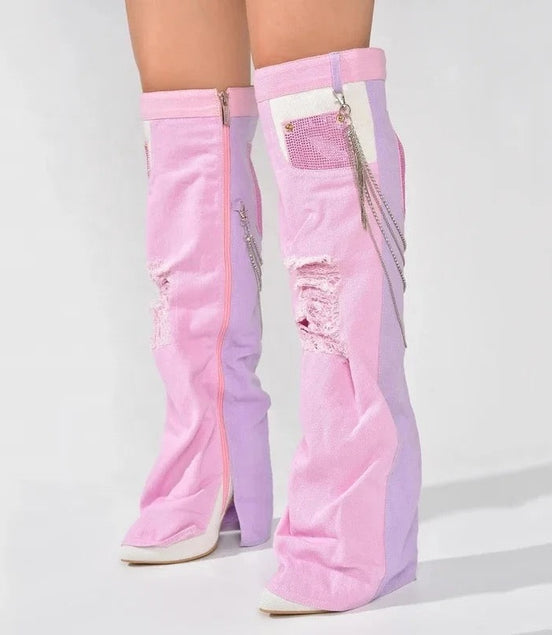 Denim Patchwork Heel Boots - Dupe Department 