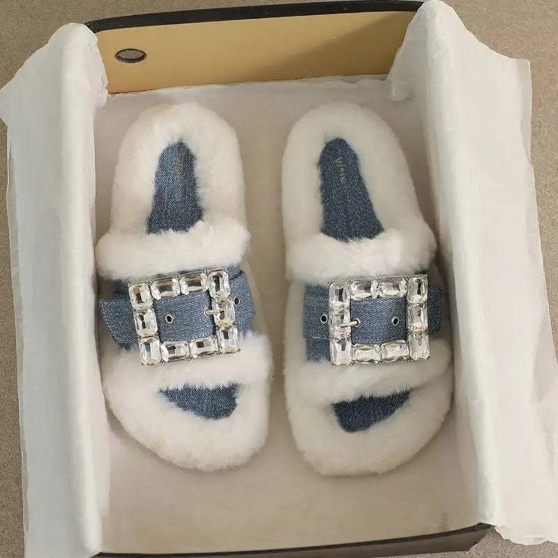 Buckled Plush Slides