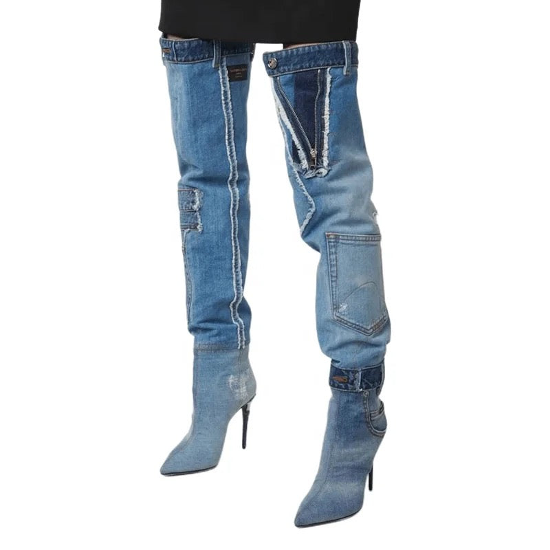 Jean Patchwork Heel Boots - Dupe Department 