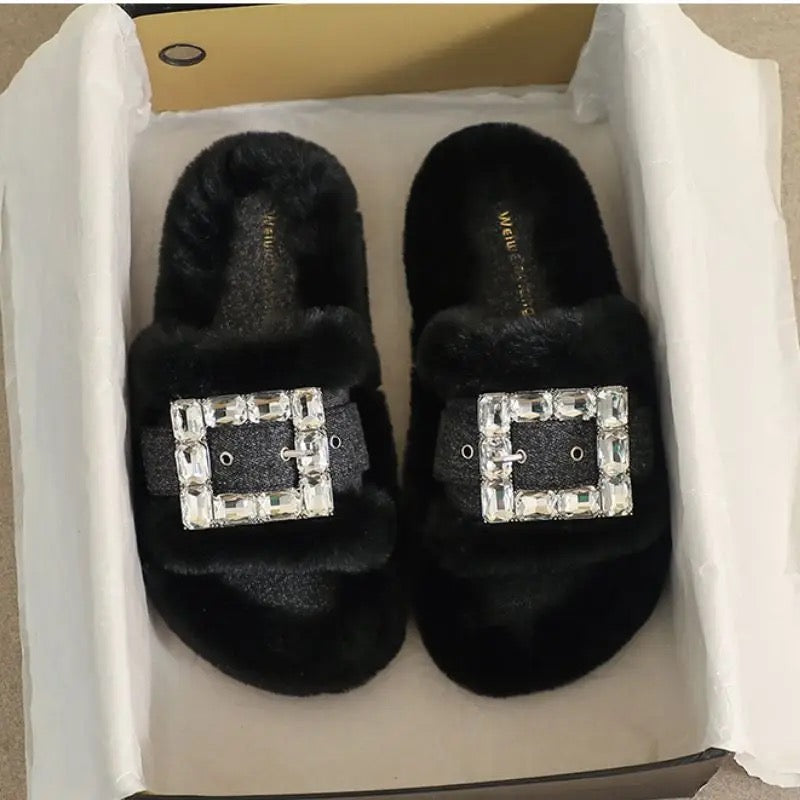 Buckled Plush Slides