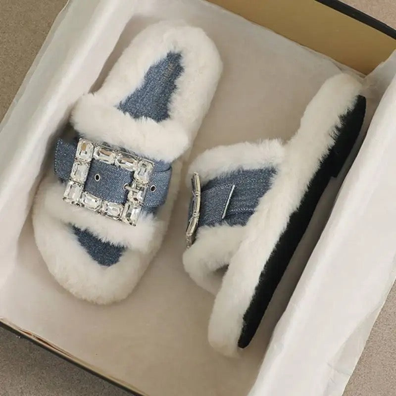 Buckled Plush Slides