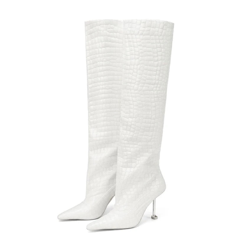 Noir & Blanc Croc Stiletto Knee Boots