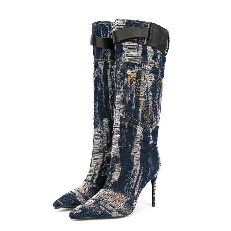 Embroidered Denim Heel Boots - Dupe Department 