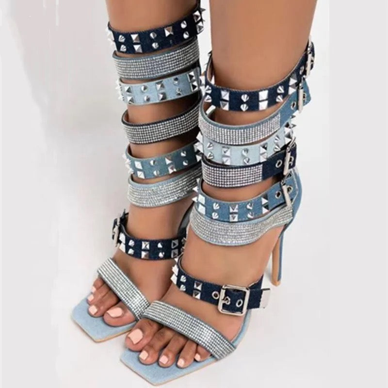 Denim X Stud Heels - Dupe Department 
