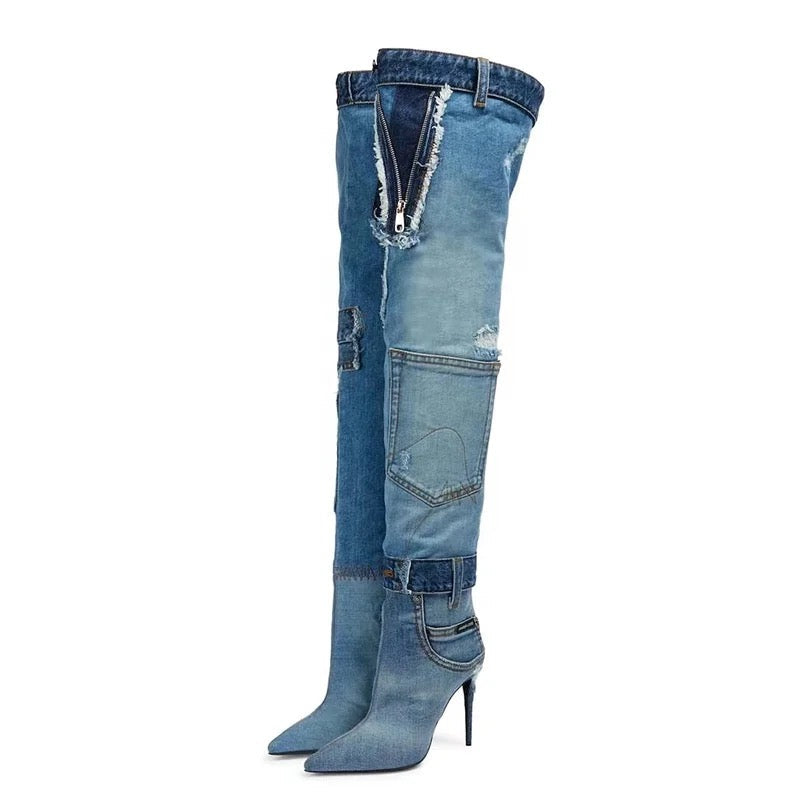 Jean Patchwork Heel Boots - Dupe Department 