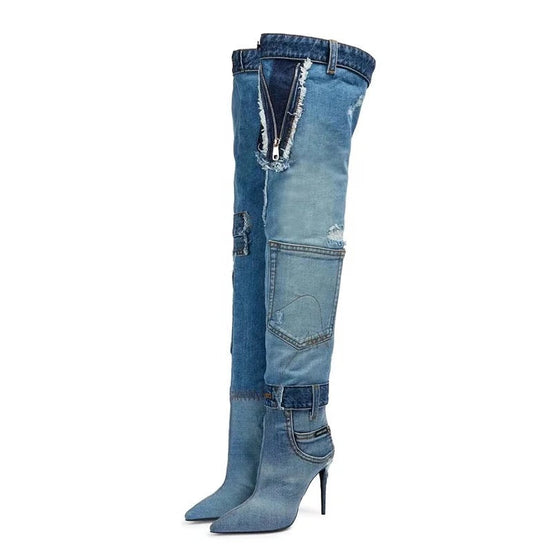 Jean Patchwork Heel Boots - Dupe Department 