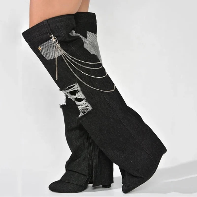 Denim Patchwork Heel Boots - Dupe Department 