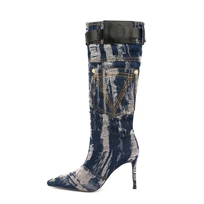 Embroidered Denim Heel Boots - Dupe Department 