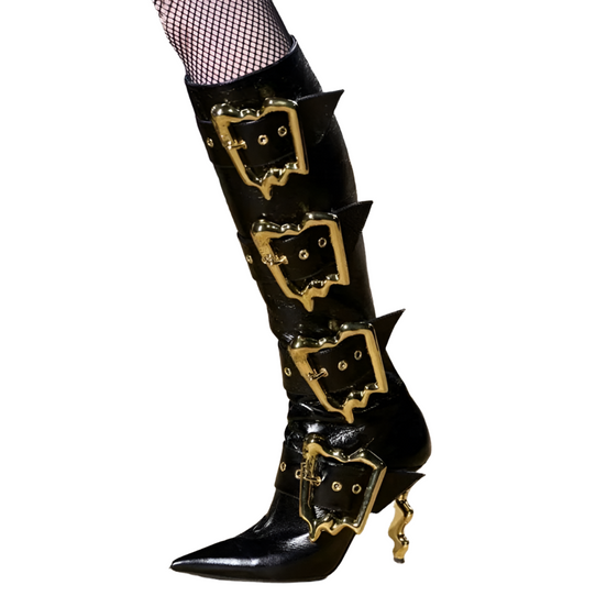 Gold Buckle Heel Boots - Dupe Department 