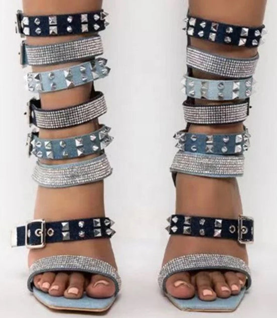 Denim X Stud Heels - Dupe Department 