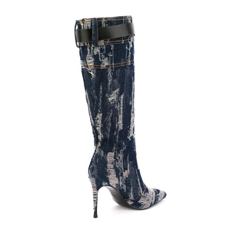 Embroidered Denim Heel Boots - Dupe Department 