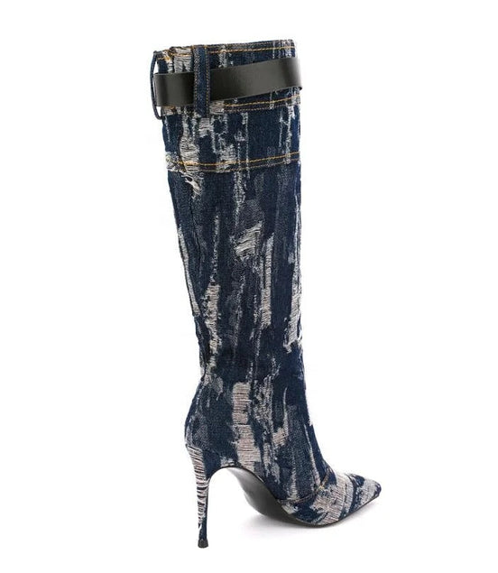 Embroidered Denim Heel Boots - Dupe Department 