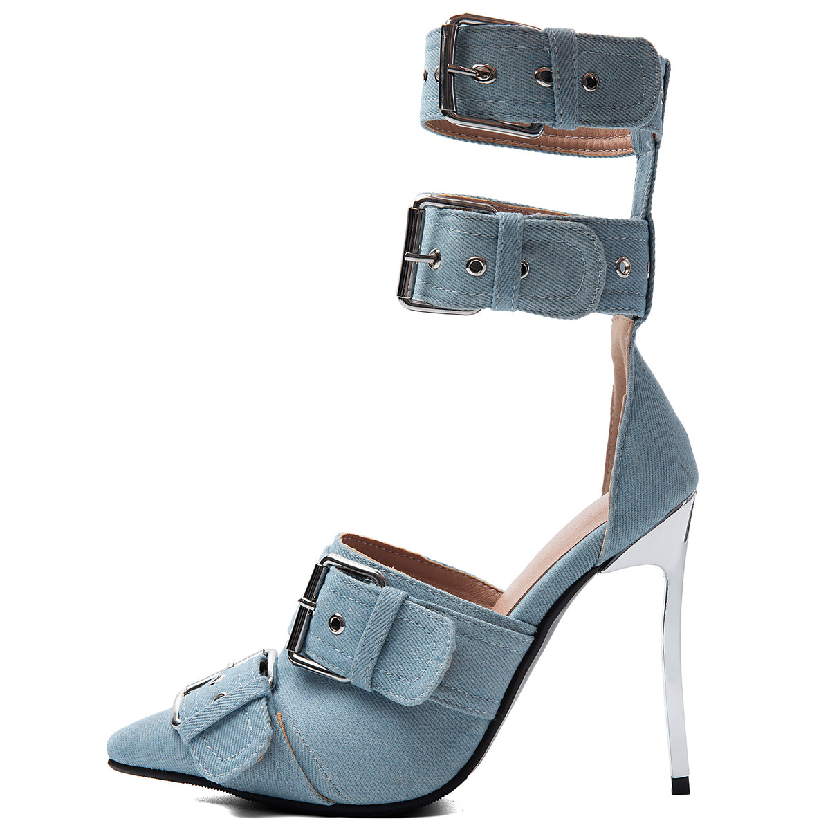 The Denim Buckle Authority Heels