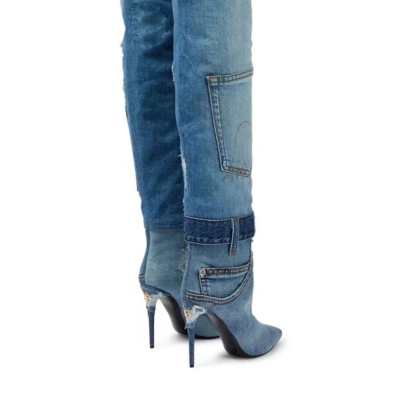 Jean Patchwork Heel Boots - Dupe Department 