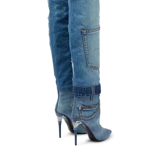 Jean Patchwork Heel Boots - Dupe Department 