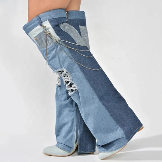 Denim Patchwork Heel Boots - Dupe Department 