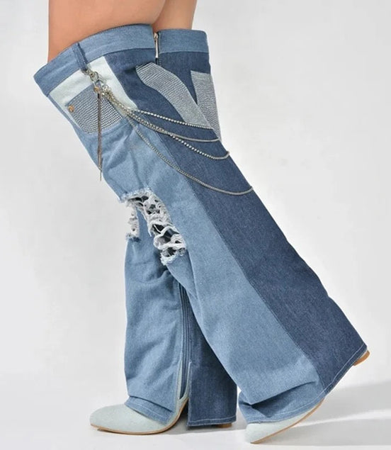 Denim Patchwork Heel Boots - Dupe Department 