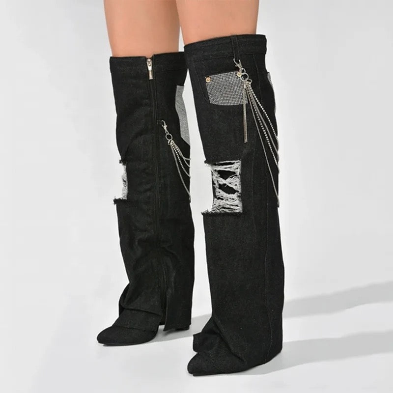 Denim Patchwork Heel Boots - Dupe Department 