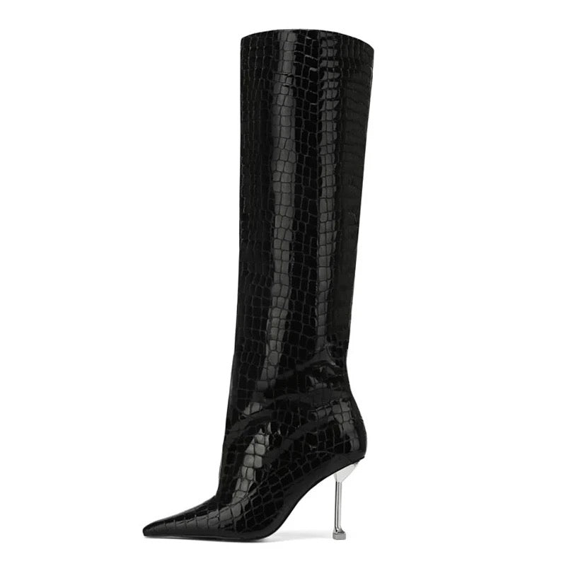 Noir & Blanc Croc Stiletto Knee Boots