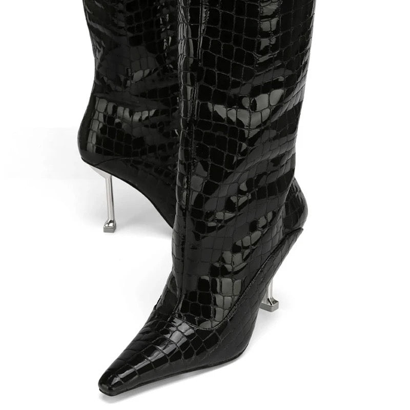 Noir & Blanc Croc Stiletto Knee Boots