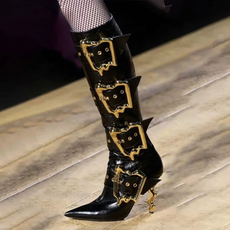 Gold Buckle Heel Boots - Dupe Department 