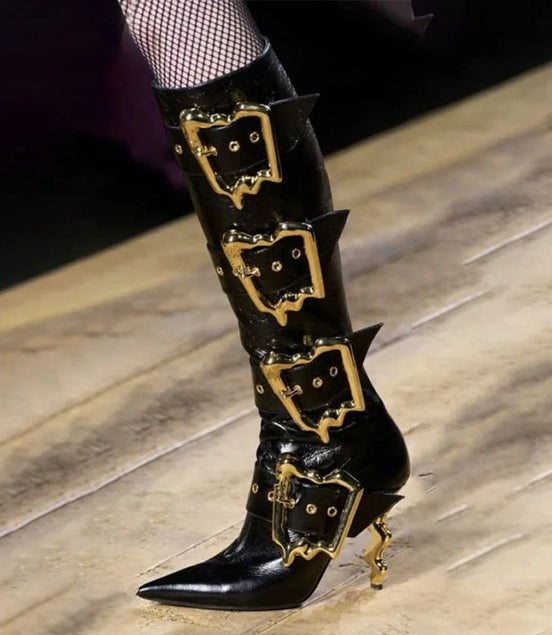 Gold Buckle Heel Boots - Dupe Department 