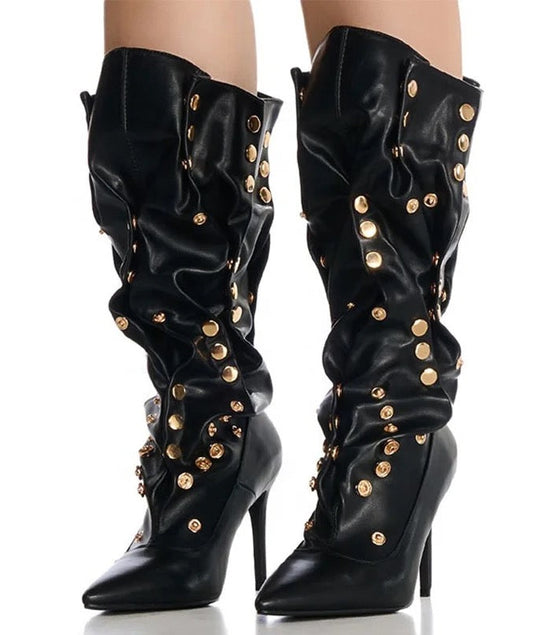Metal X Pleated Heel Boots - Dupe Department 