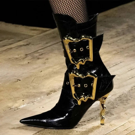 Gold Buckle Heel Boots - Dupe Department 
