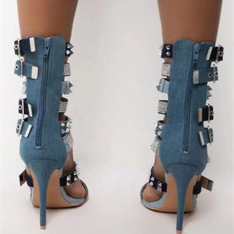 Denim X Stud Heels - Dupe Department 