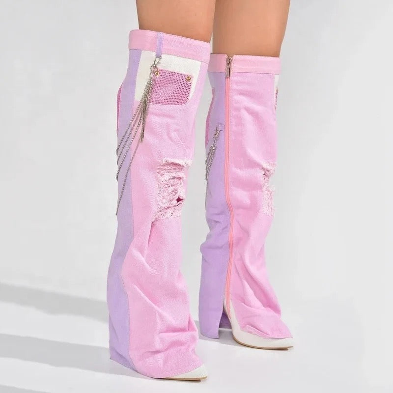 Denim Patchwork Heel Boots - Dupe Department 