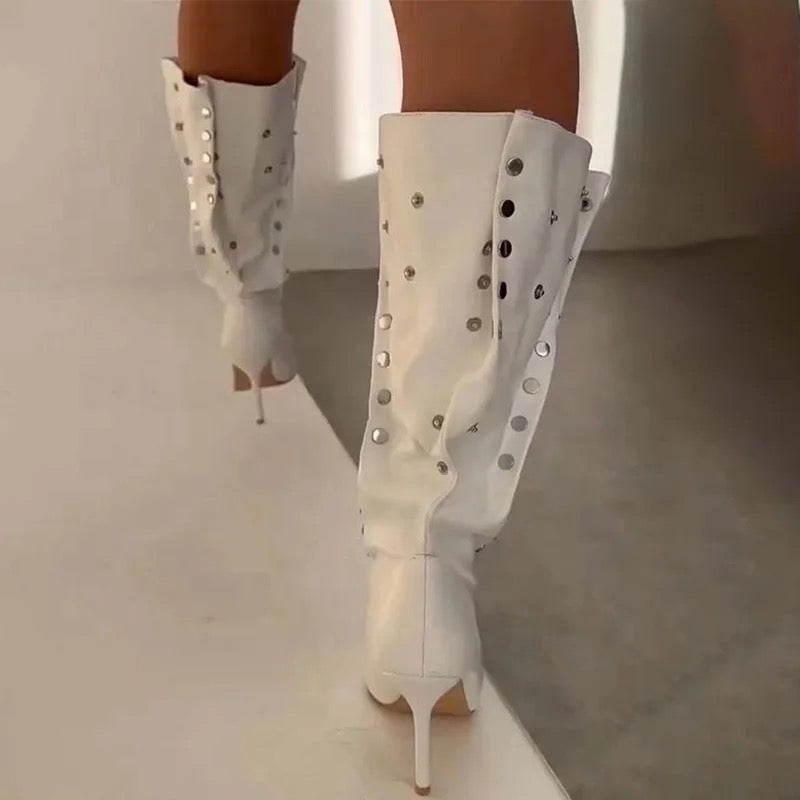 Metal X Pleated Heel Boots - Dupe Department 