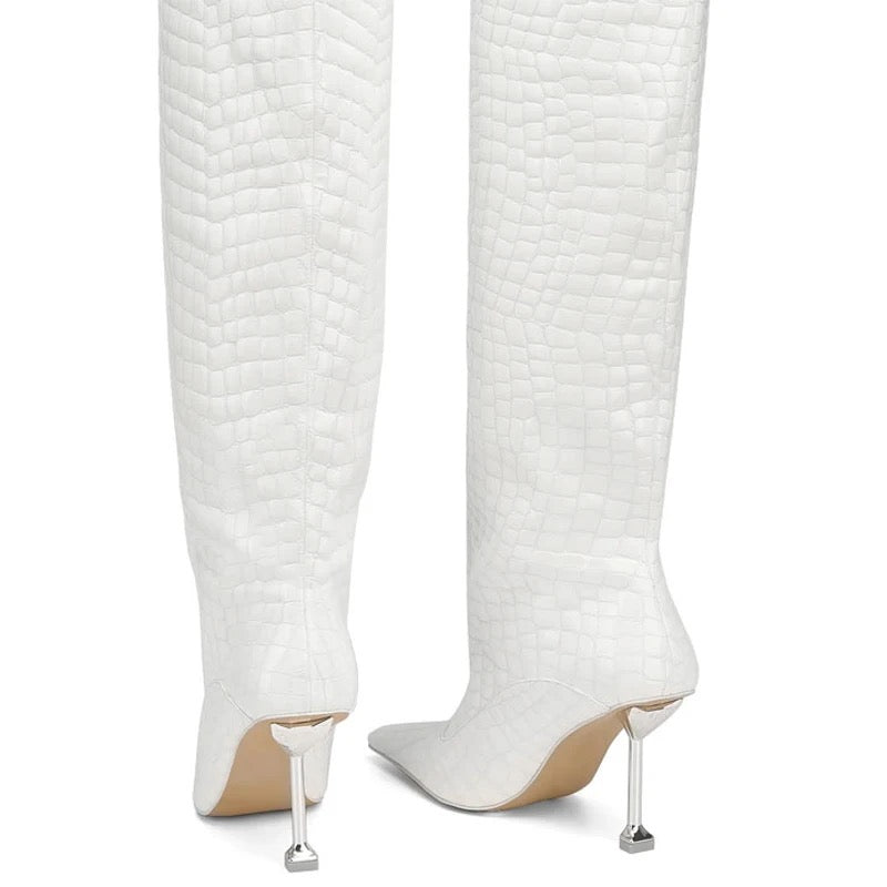 Noir & Blanc Croc Stiletto Knee Boots