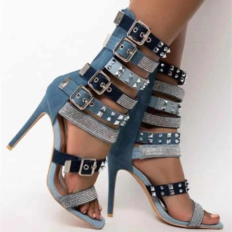 Denim X Stud Heels - Dupe Department 
