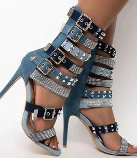 Denim X Stud Heels - Dupe Department 