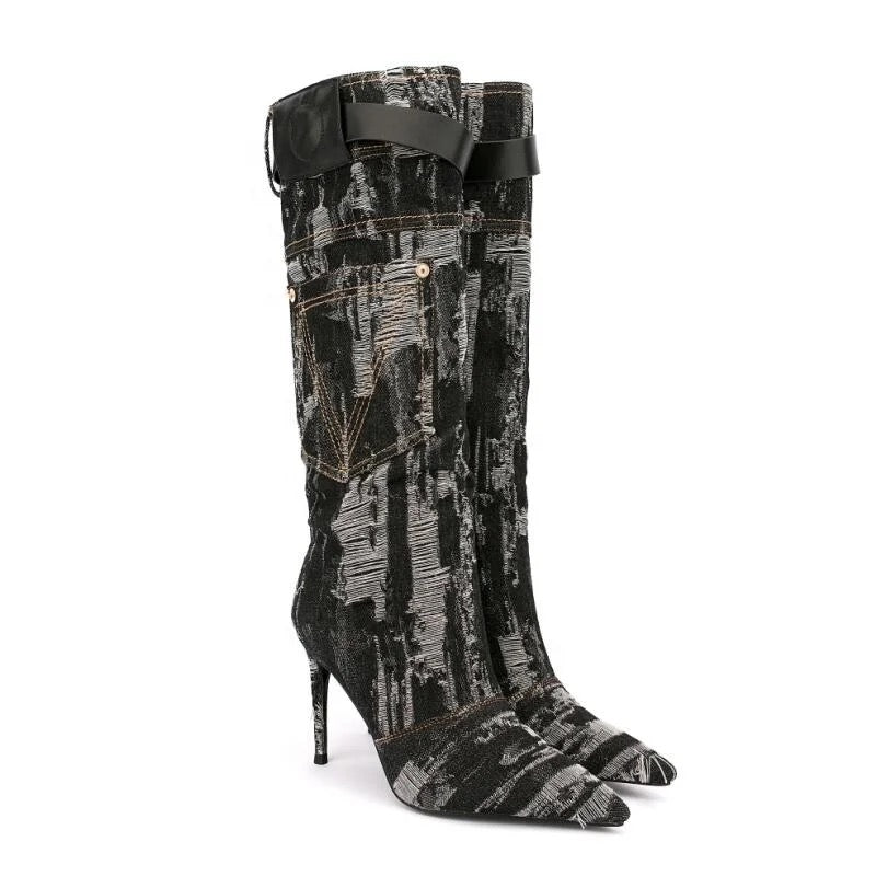 Embroidered Denim Heel Boots - Dupe Department 