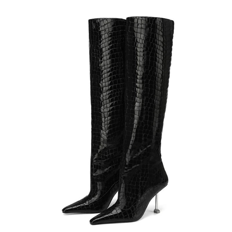 Noir & Blanc Croc Stiletto Knee Boots