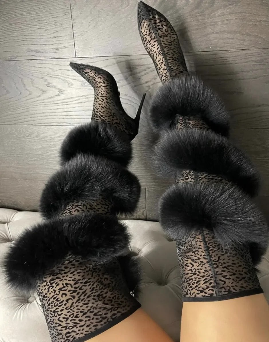 Fur Lace High Heel Boots