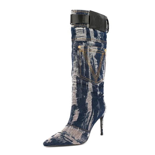 Embroidered Denim Heel Boots - Dupe Department 