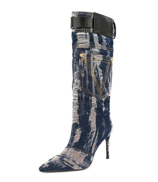 Embroidered Denim Heel Boots - Dupe Department 