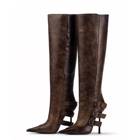 Triple Buckle Stiletto Knee-High Boots