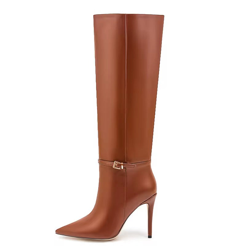 Sleek Stiletto Buckle Knee-High Boots