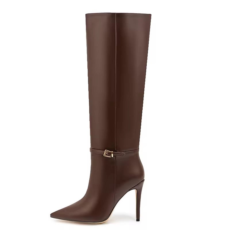 Sleek Stiletto Buckle Knee-High Boots